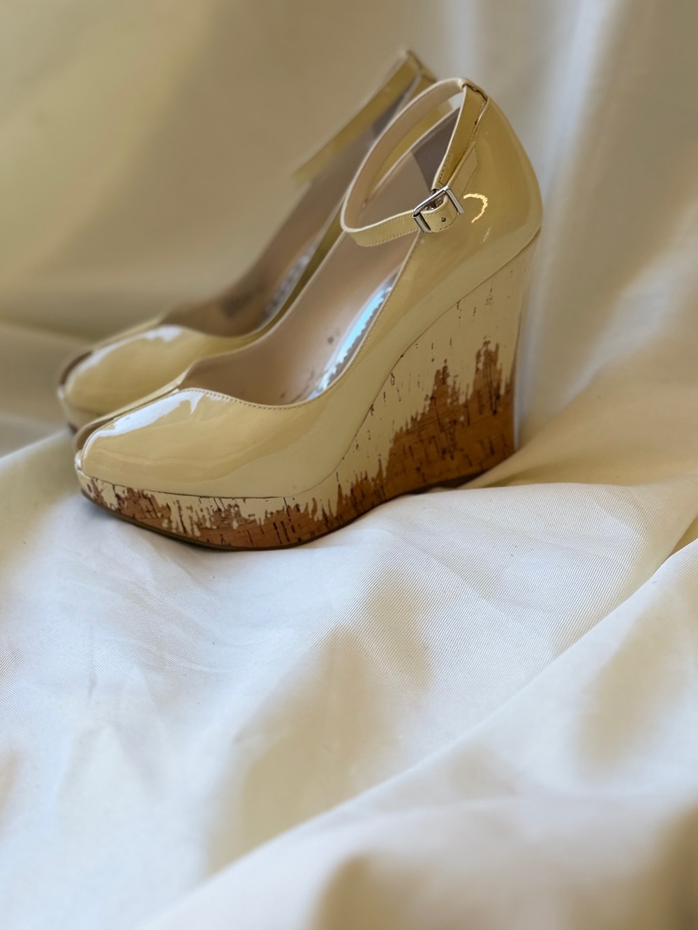 BCBGirls Cream Patent Peep-Toe Ankle Strap Wedges - Picture 6 of 6